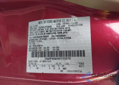 2004 Ford Mustang из США, поврежденный, VIN 1FAFP40604F153570